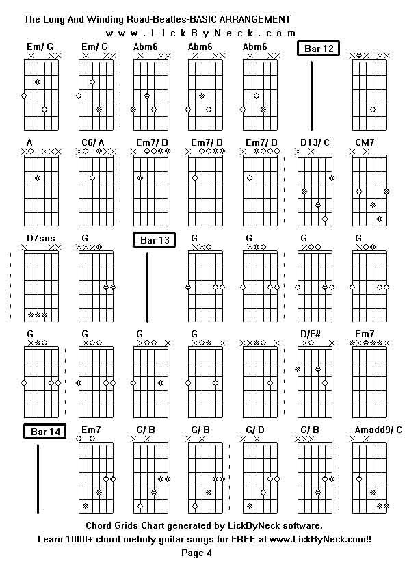 Chord Grids Chart of chord melody fingerstyle guitar song-The Long And Winding Road-Beatles-BASIC ARRANGEMENT,generated by LickByNeck software.